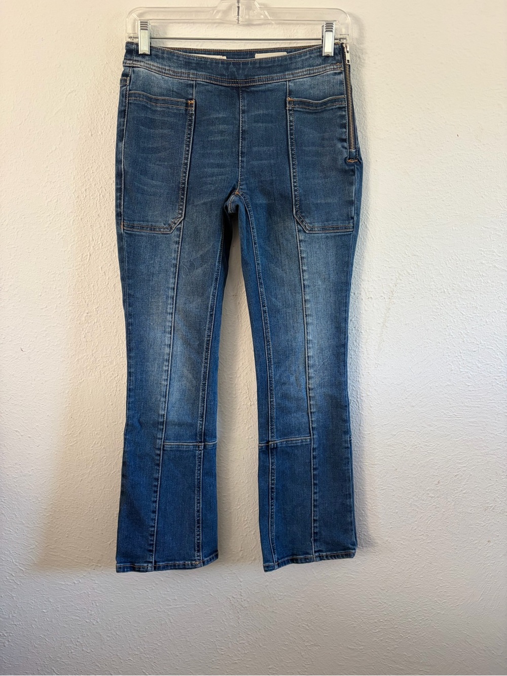 Pilcro Medium Blue Flare Jeans with Front Patch Pockets
